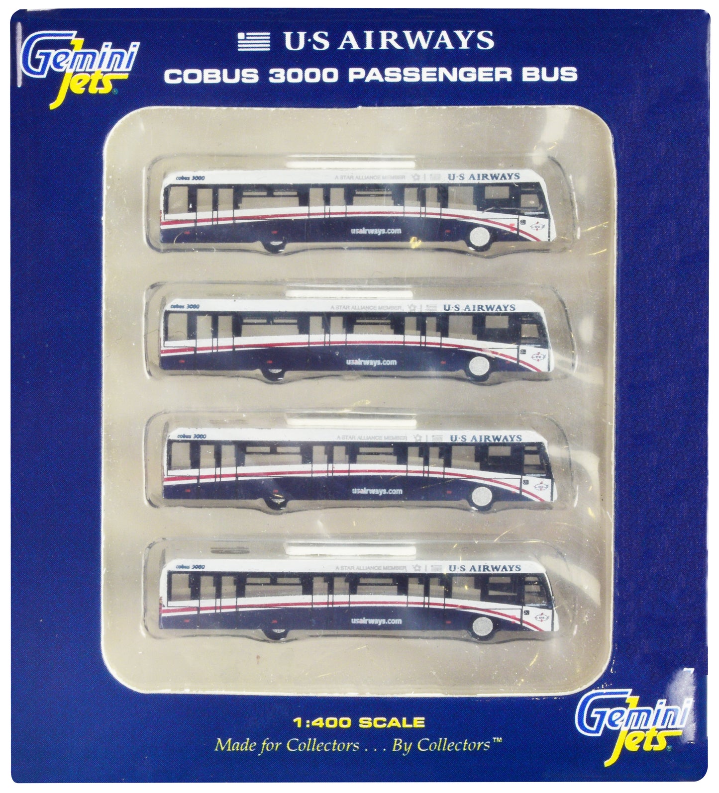 Cobus 3000 Passenger Bus White and Blue "US Airways Shuttle Bus" 4 Piece Set 1/400 Diecast Models by GeminiJets <h2>Cobus GeminiJets</h2> <p>High-quality model car perfect for collectors enthusiasts.