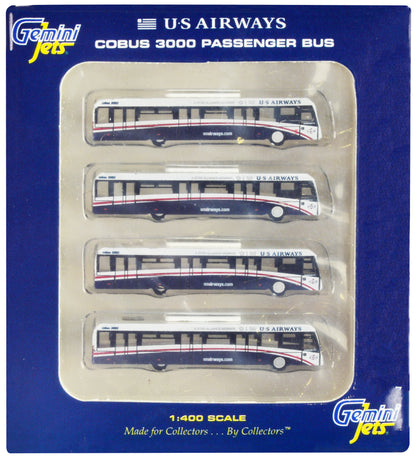 Cobus 3000 Passenger Bus White and Blue "US Airways Shuttle Bus" 4 Piece Set 1/400 Diecast Models by GeminiJets <h2>Cobus GeminiJets</h2> <p>High-quality model car perfect for collectors enthusiasts.
