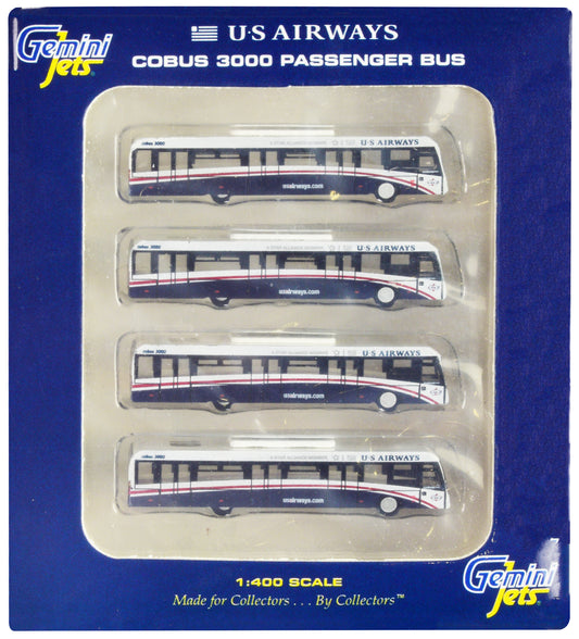 Cobus 3000 Passenger Bus White and Blue "US Airways Shuttle Bus" 4 Piece Set 1/400 Diecast Models by GeminiJets <h2>Cobus GeminiJets</h2> <p>High-quality model car perfect for collectors enthusiasts.
