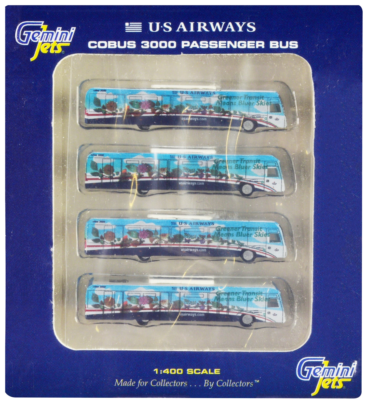 Cobus 3000 Passenger Bus White and Blue with Graphics "US Airways Shuttle - Greener Transit" 4 Piece Set 1/400 Diecast Models by GeminiJets <h2>Cobus GeminiJets</h2> <p>High-quality model car perfect
