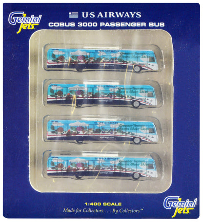 Cobus 3000 Passenger Bus White and Blue with Graphics "US Airways Shuttle - Greener Transit" 4 Piece Set 1/400 Diecast Models by GeminiJets <h2>Cobus GeminiJets</h2> <p>High-quality model car perfect