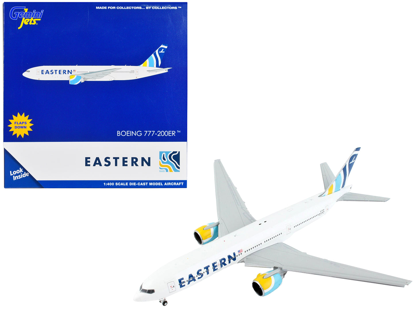 Boeing 777-200ER Commercial Aircraft with Flaps Down "Eastern Air Lines" White Striped Tail 1/400 Diecast Model Airplane by GeminiJets <h2>Boeing GeminiJets</h2> <p>High-quality car perfect for collec