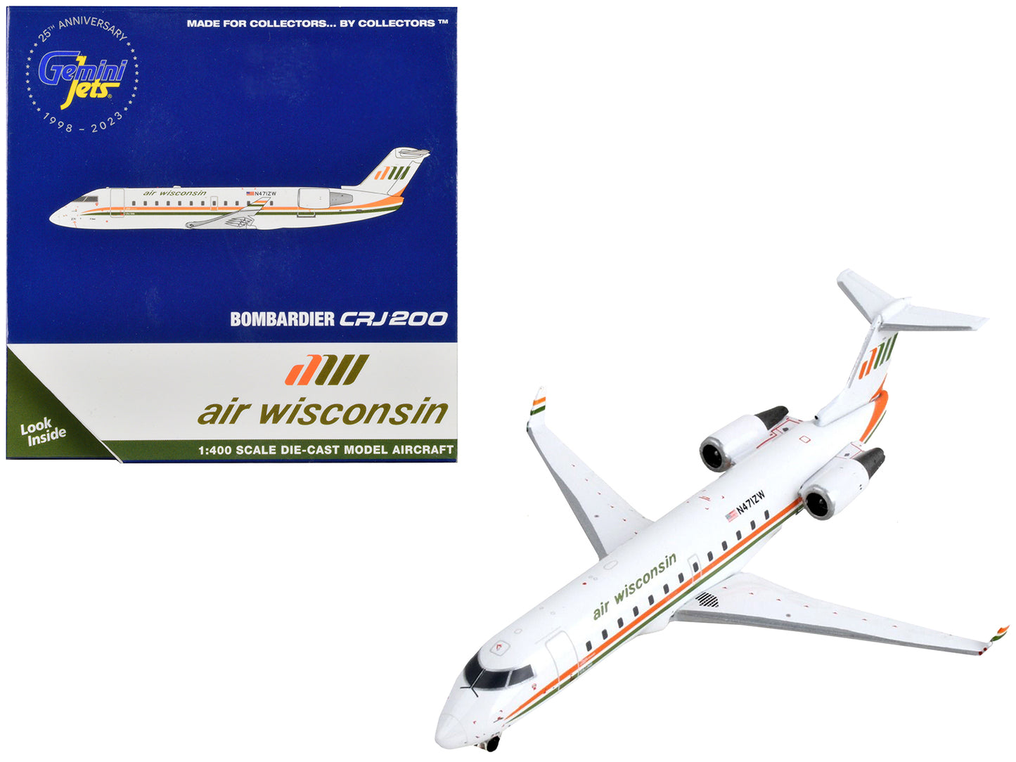 Bombardier CRJ200 Commercial Aircraft "Air Wisconsin" White with Orange and Green Stripes 1/400 Diecast Model Airplane by GeminiJets <h2>Bombardier GeminiJets</h2> <p>High-quality car perfect for coll