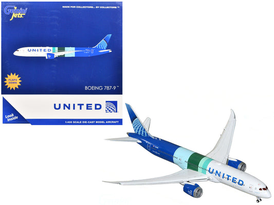 Boeing 787-9 Commercial Aircraft with Flaps Down "United Airlines - The Future is SAF" (N24988) White and Blue Stripes 1/400 Diecast Model Airplane by GeminiJets <h2>Boeing GeminiJets</h2> <p>High-qua