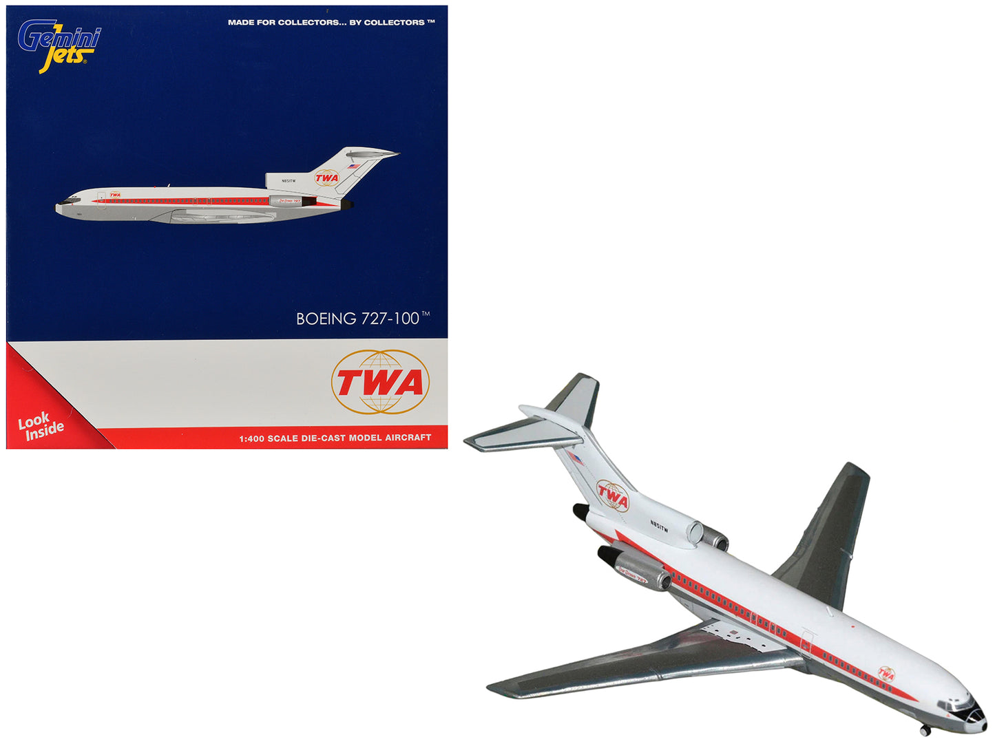 Boeing 727-100 Commercial Aircraft "Trans World Airlines" (N851TW) White with Red Stripes 1/400 Diecast Model by GeminiJets <h2>Boeing GeminiJets</h2> <p>High-quality car perfect for collectors and en