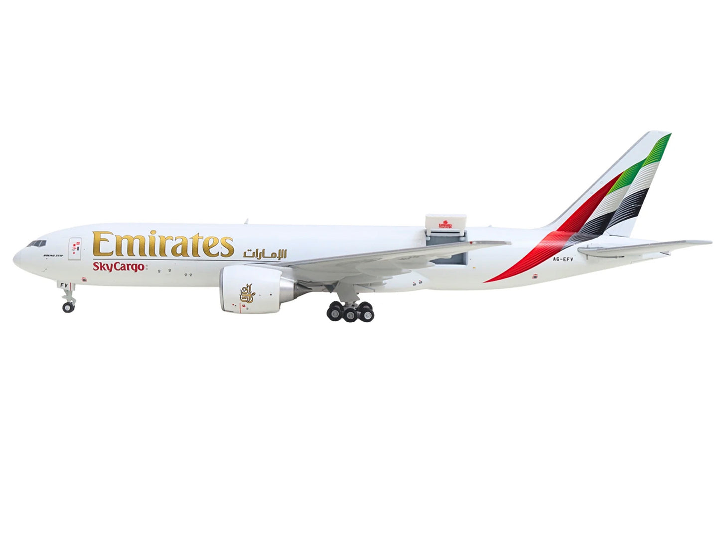 Boeing 777F Commercial Aircraft "Emirates SkyCargo" (A6-EFV) White with Striped Tail "Interactive Series" 1/400 Diecast Model by GeminiJets <h2>Boeing GeminiJets</h2> <p>High-quality car perfect for c