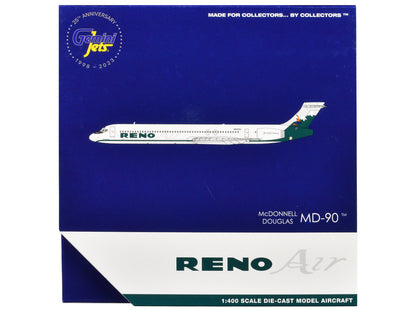 McDonnell Douglas MD-90 Commercial Aircraft "Reno Air" (N905RA) White with Green Tail 1/400 Diecast Model Airplane by GeminiJets <h2>McDonnell GeminiJets</h2> <p>High-quality car perfect for collector