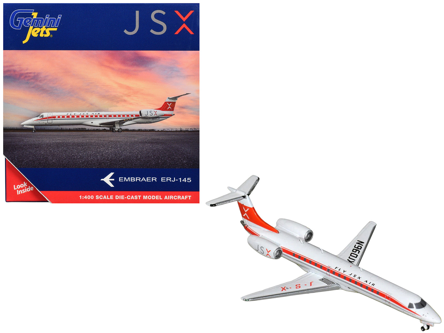 Embraer ERJ-145 Commercial Aircraft "JSX" (N960JX) White with Red Stripes and Tail 1/400 Diecast Model Airplane by GeminiJets <h2>Embraer GeminiJets</h2> <p>High-quality car perfect for collectors ent