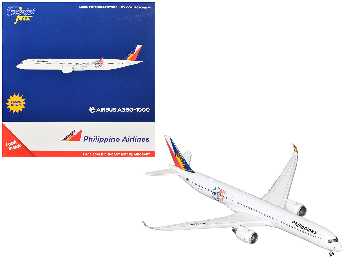 Airbus A350-1000 Commercial Aircraft with Flaps Down "Philippine Airlines - 85 Years" (RP-C3510) White Tail Graphics 1/400 Diecast Model Airplane by GeminiJets <h2>Airbus GeminiJets</h2> <p>High-quali
