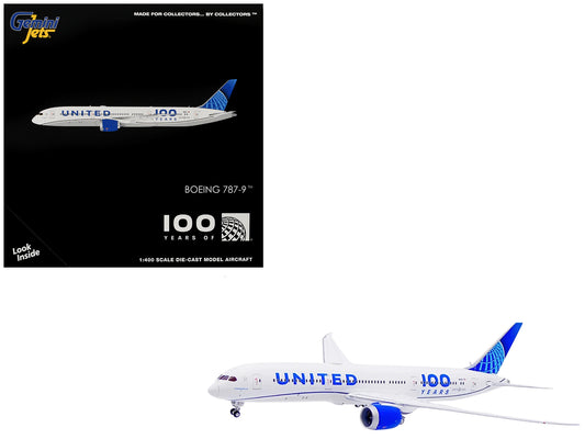 Boeing 787-9 Commercial Aircraft "United Airlines 100 Years" (N61101) White with Blue Tail 1/400 Diecast Model by GeminiJets <h2>Boeing GeminiJets</h2> <p>High-quality car perfect for collectors and e
