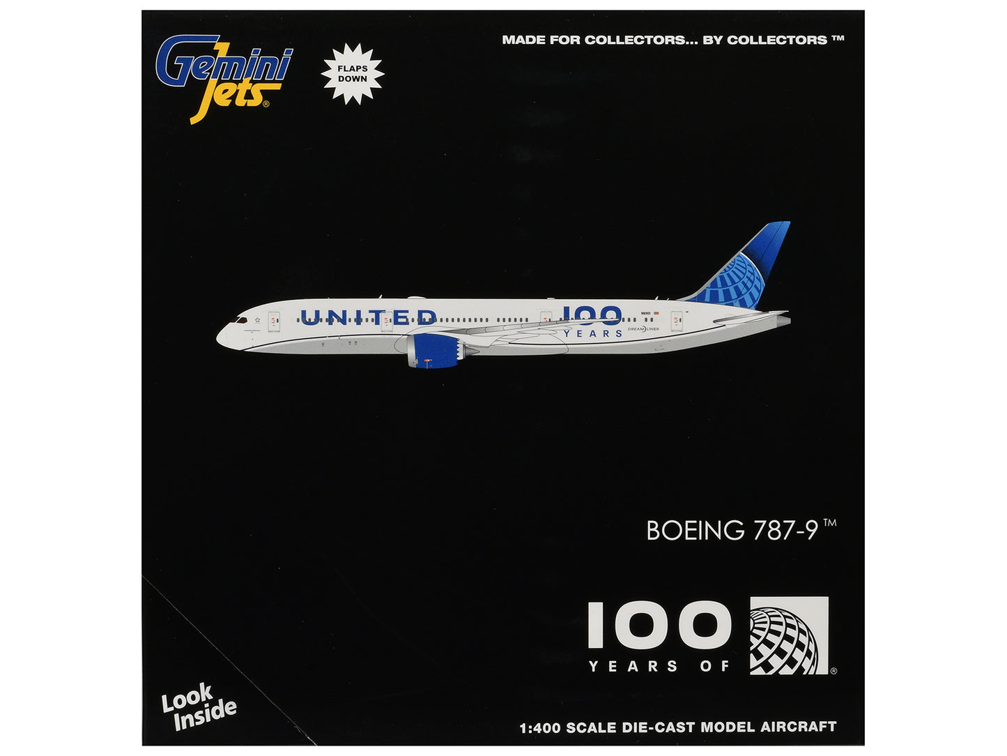 Boeing 787-9 Commercial Aircraft with Flaps Down "United Airlines 100 Years" (N61101) White Graphics and Blue Tail 1/400 Diecast Model by GeminiJets <h2>Boeing GeminiJets</h2> <p>High-quality car perf