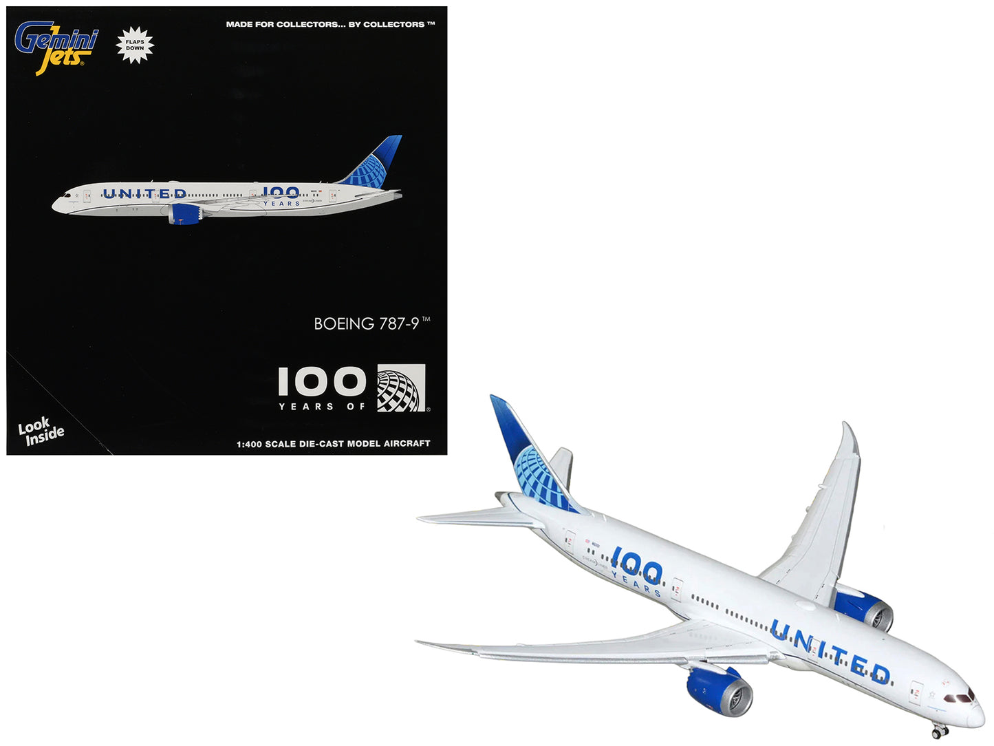 Boeing 787-9 Commercial Aircraft with Flaps Down "United Airlines 100 Years" (N61101) White Graphics and Blue Tail 1/400 Diecast Model by GeminiJets <h2>Boeing GeminiJets</h2> <p>High-quality car perf