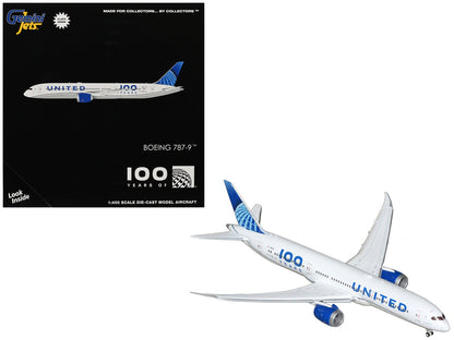 Boeing 787-9 Commercial Aircraft with Flaps Down "United Airlines 100 Years" (N61101) White Graphics and Blue Tail 1/400 Diecast Model by GeminiJets <h2>Boeing GeminiJets</h2> <p>High-quality car perf
