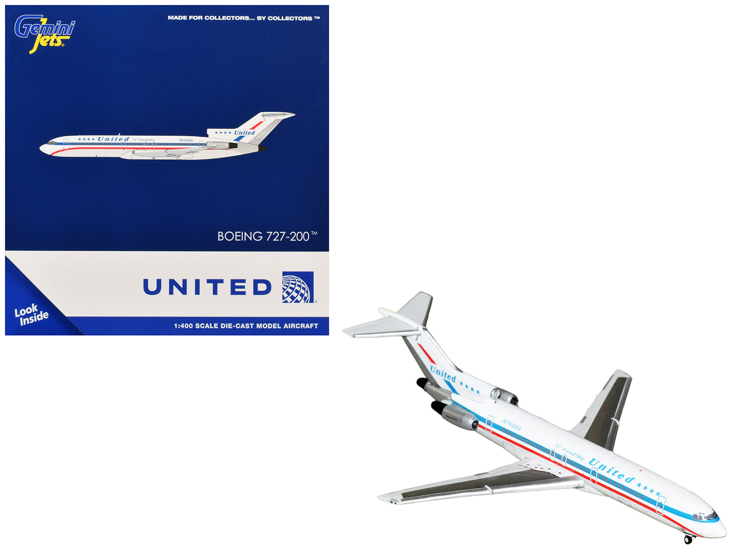 Boeing 727-200 Commercial Aircraft "United Airlines - Stars & Bars/Friend Ship" (N7620U) White with Red and Blue Stripes 1/400 Diecast Model Airplane by GeminiJets <h2>Boeing GeminiJets</h2> <p>High-q