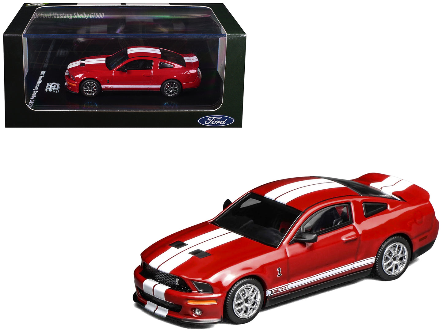2007 Ford Mustang Shelby GT500 Torch Red with White Stripes 1/64 T&y Diecast Model Car by MotorHelix & Greenlight