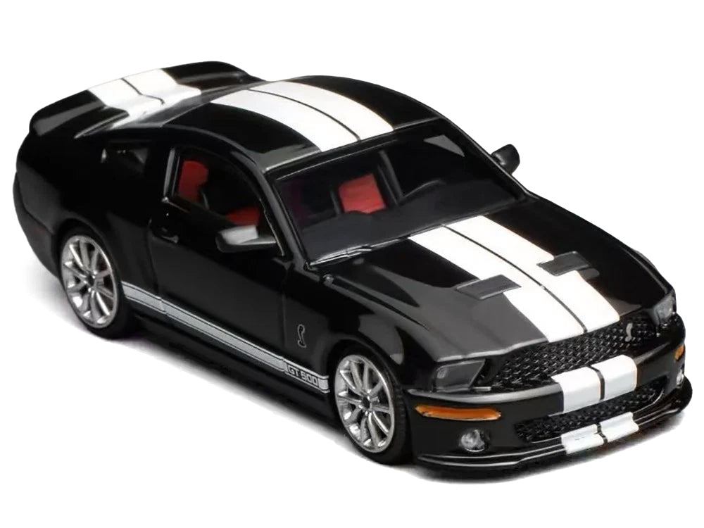 2007 Ford Mustang Shelby GT500 Ebony Black with White Stripes 1/64 T&y Diecast Model Car by MotorHelix & Greenlight