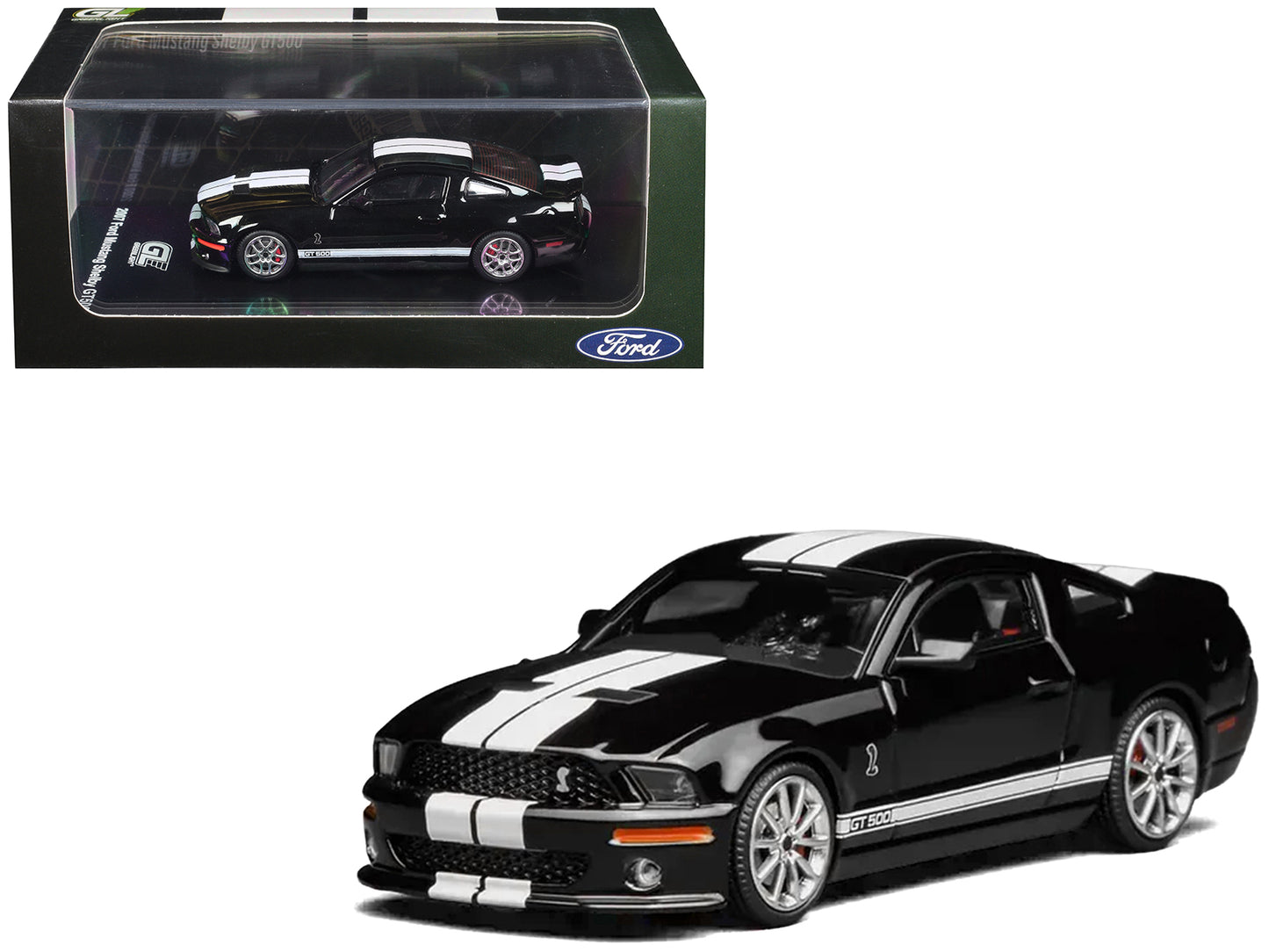 2007 Ford Mustang Shelby GT500 Ebony Black with White Stripes 1/64 T&y Diecast Model Car by MotorHelix & Greenlight