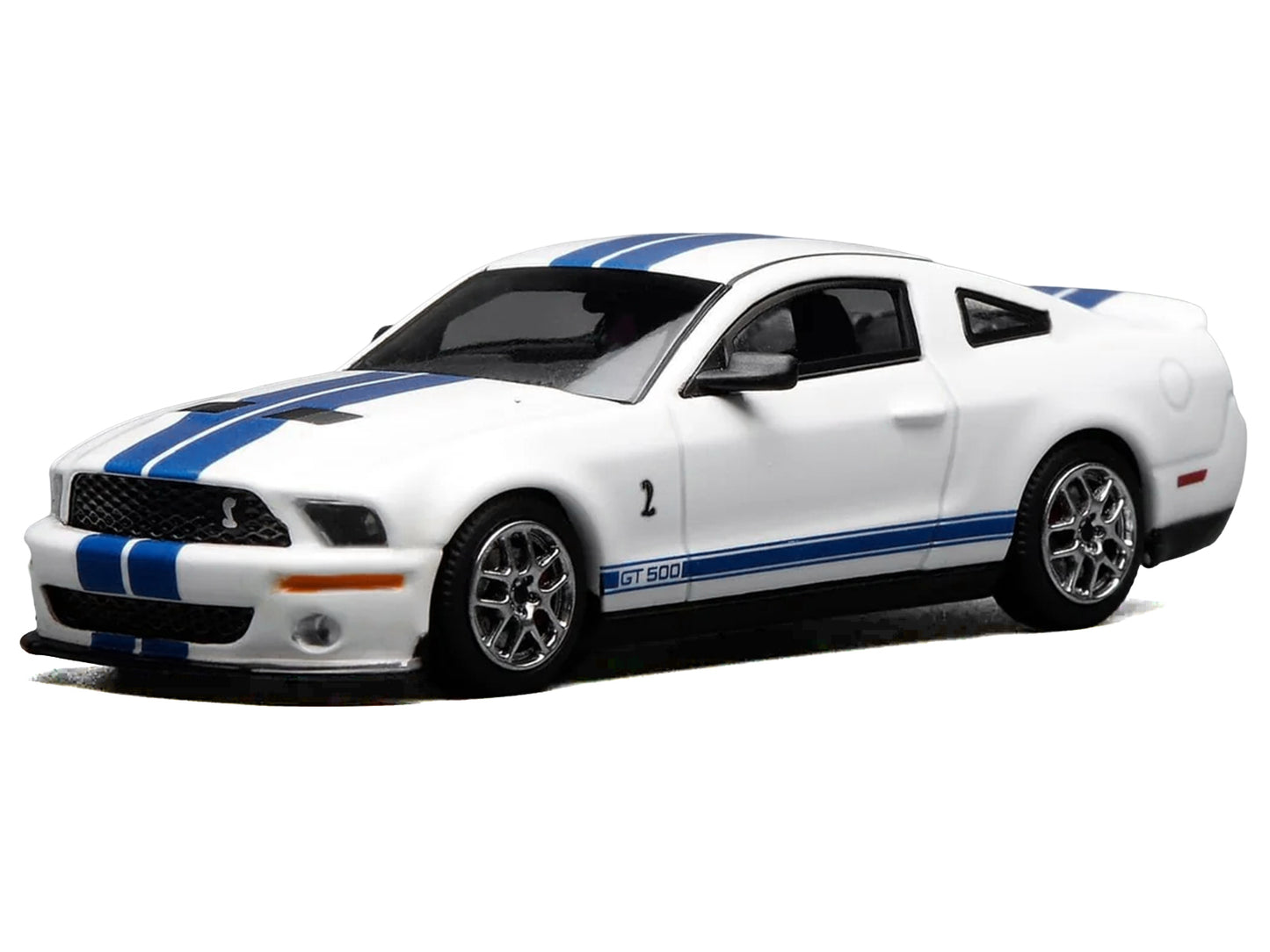 2007 Ford Mustang Shelby GT500 Performance White with Blue Stripes 1/64 T&y Diecast Model Car by MotorHelix & Greenlight