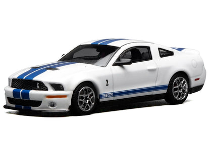 2007 Ford Mustang Shelby GT500 Performance White with Blue Stripes 1/64 T&y Diecast Model Car by MotorHelix & Greenlight