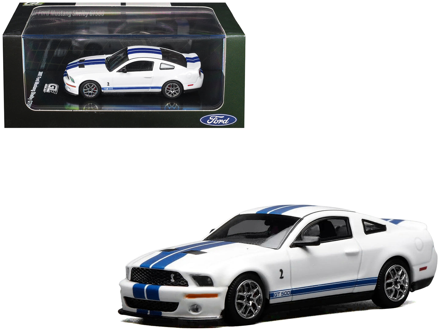2007 Ford Mustang Shelby GT500 Performance White with Blue Stripes 1/64 T&y Diecast Model Car by MotorHelix & Greenlight