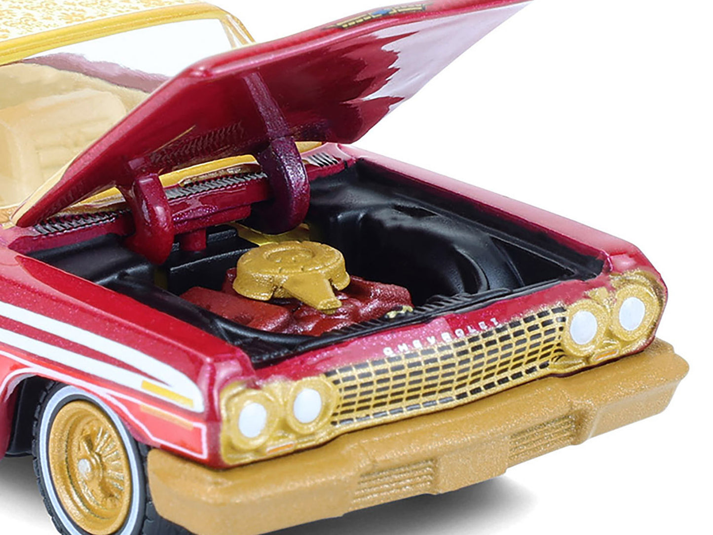 GreenLight 1963 Chevrolet Impala Lowrider "Michael Heralda Special Edition" Red Metallic with Cream Top and Interior Gold Graphics "Hobby Exclusive" Series 1/64 Diecast Model Car by <h2>1963 Greenligh