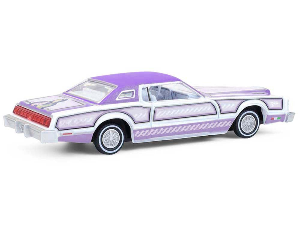 GreenLight 1973 Ford Thunderbird Lowrider "Michael Heralda Special Edition" Purple Metallic with Graphics and White Interior "Hobby Exclusive" Series 1/64 Diecast Model Car by <h2>1973 Greenlight</h2>