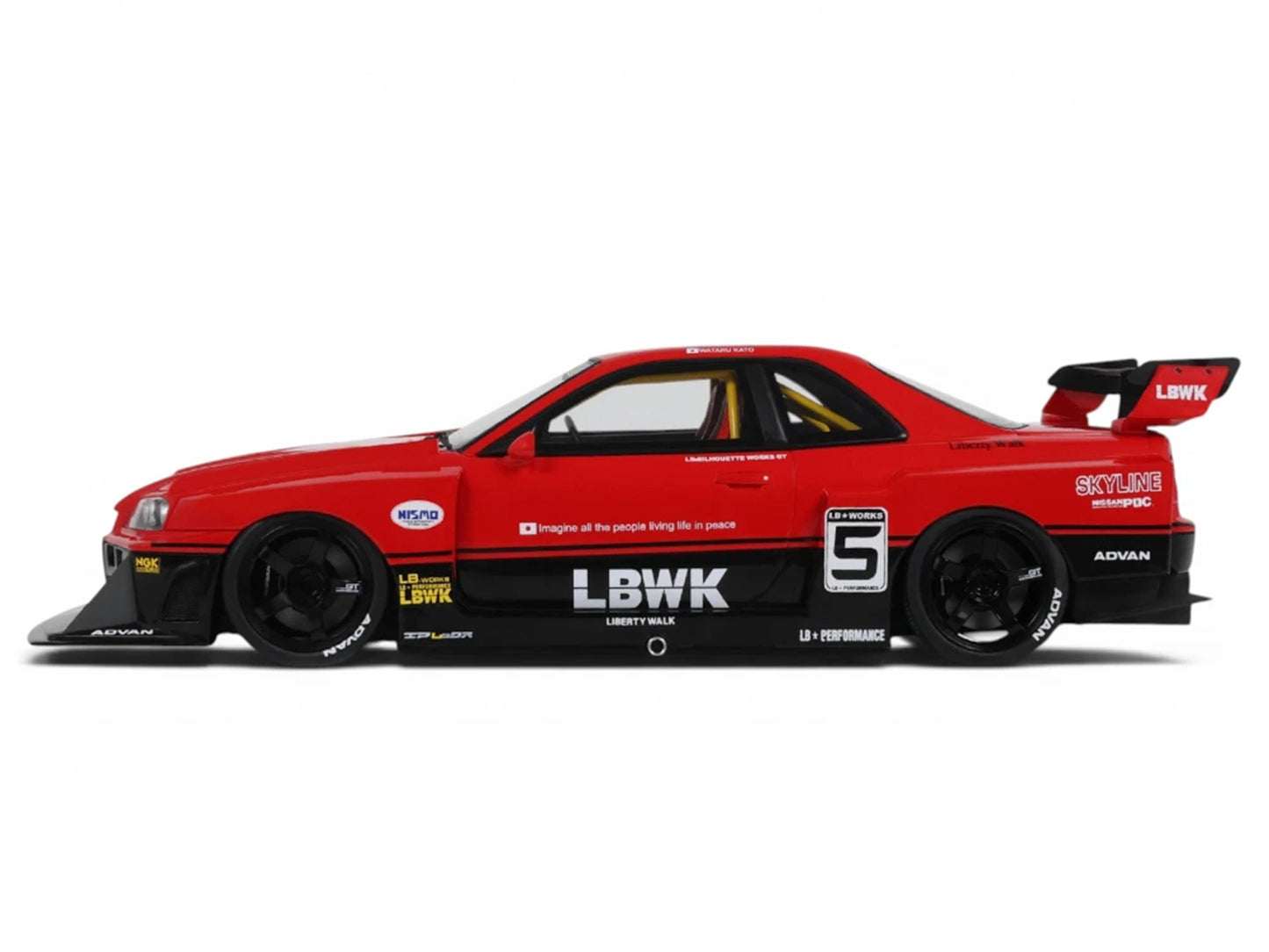 2020 Nissan Skyline GT-R (R34) LB-Super Silhouette RHD (Right Hand Drive) #5 Red and Black 1/18 Model Car by GT Spirit