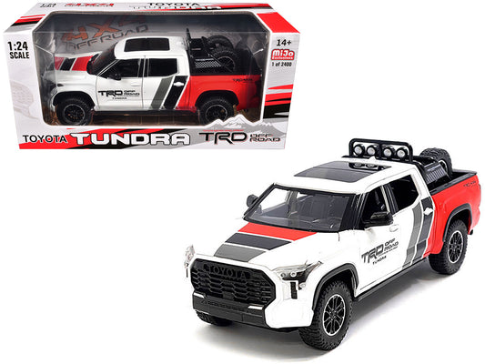 2023 T&yota Tundra TRD 4x4 Pickup Truck White and Red with Black and Gray Stripes with Sunroof and Wheel Rack Limited Edition to 2400 pieces Worldwide 1/24 T&y Diecast Model Car