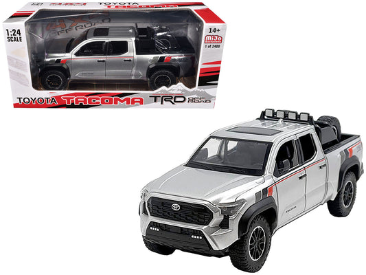 2024 T&yota Tacoma TRD Off Road Edition Pickup Truck Silver Metallic with TRD Stripes with Sunroof and Wheel Rack Limited Edition to 2400 pieces Worldwide 1/24 T&y Diecast Model Car