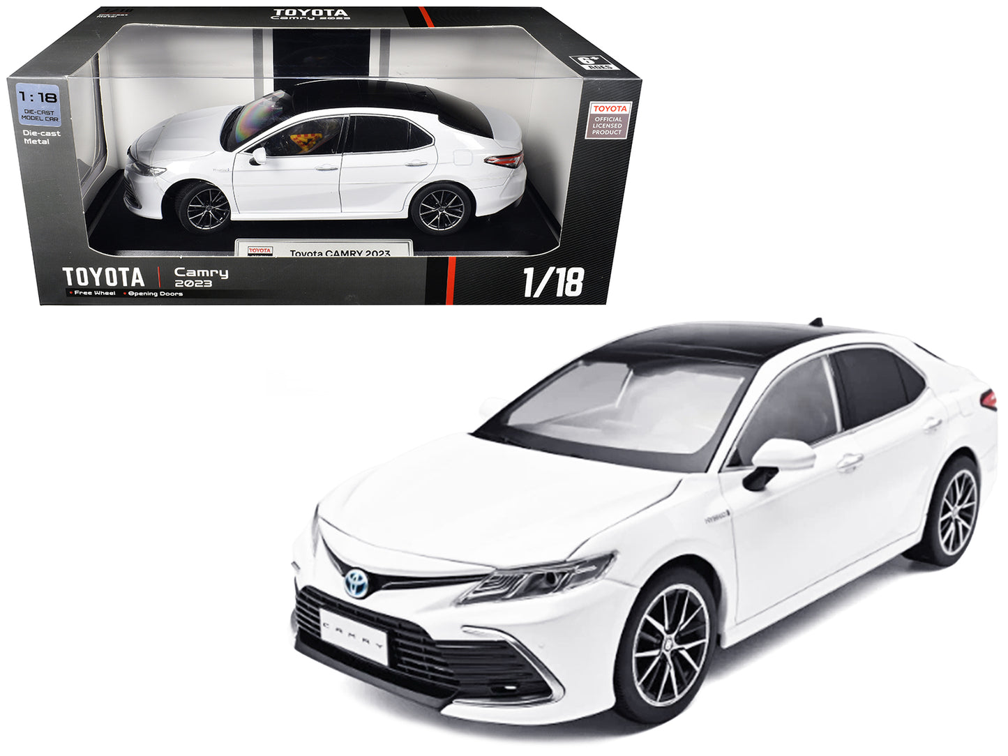 2023 T&yota Camry Hybrid White Metallic with Black Top 1/18 T&y Diecast Model Car by Heimanba