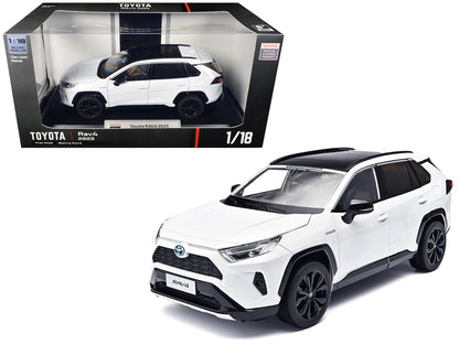 2023 T&yota Rav4 Hybrid White Metallic with Black Top 1/18 T&y Diecast Model Car by Heimanba