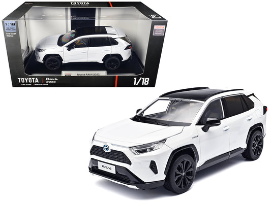 2023 T&yota Rav4 Hybrid White Metallic with Black Top 1/18 T&y Diecast Model Car by Heimanba
