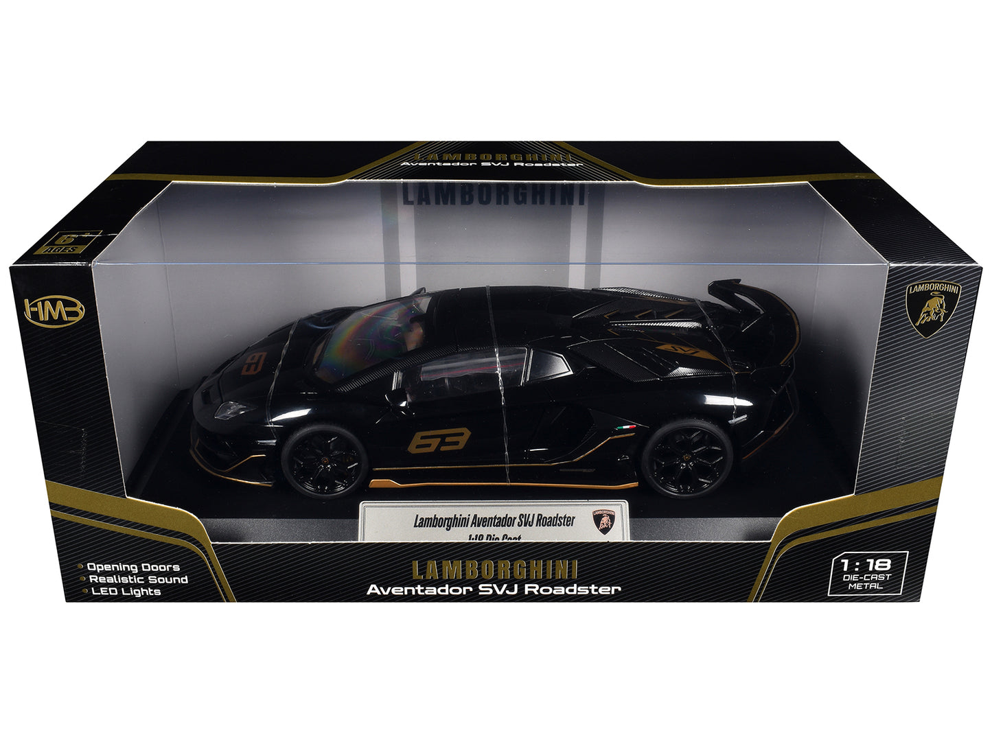 Lamborghini Aventador SVJ Roadster Black with Carbon Top and Gold Accents 1/18 T&y Diecast Model Car by Heimanba