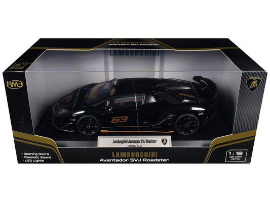 Lamborghini Aventador SVJ Roadster Black with Carbon Top and Gold Accents 1/18 T&y Diecast Model Car by Heimanba