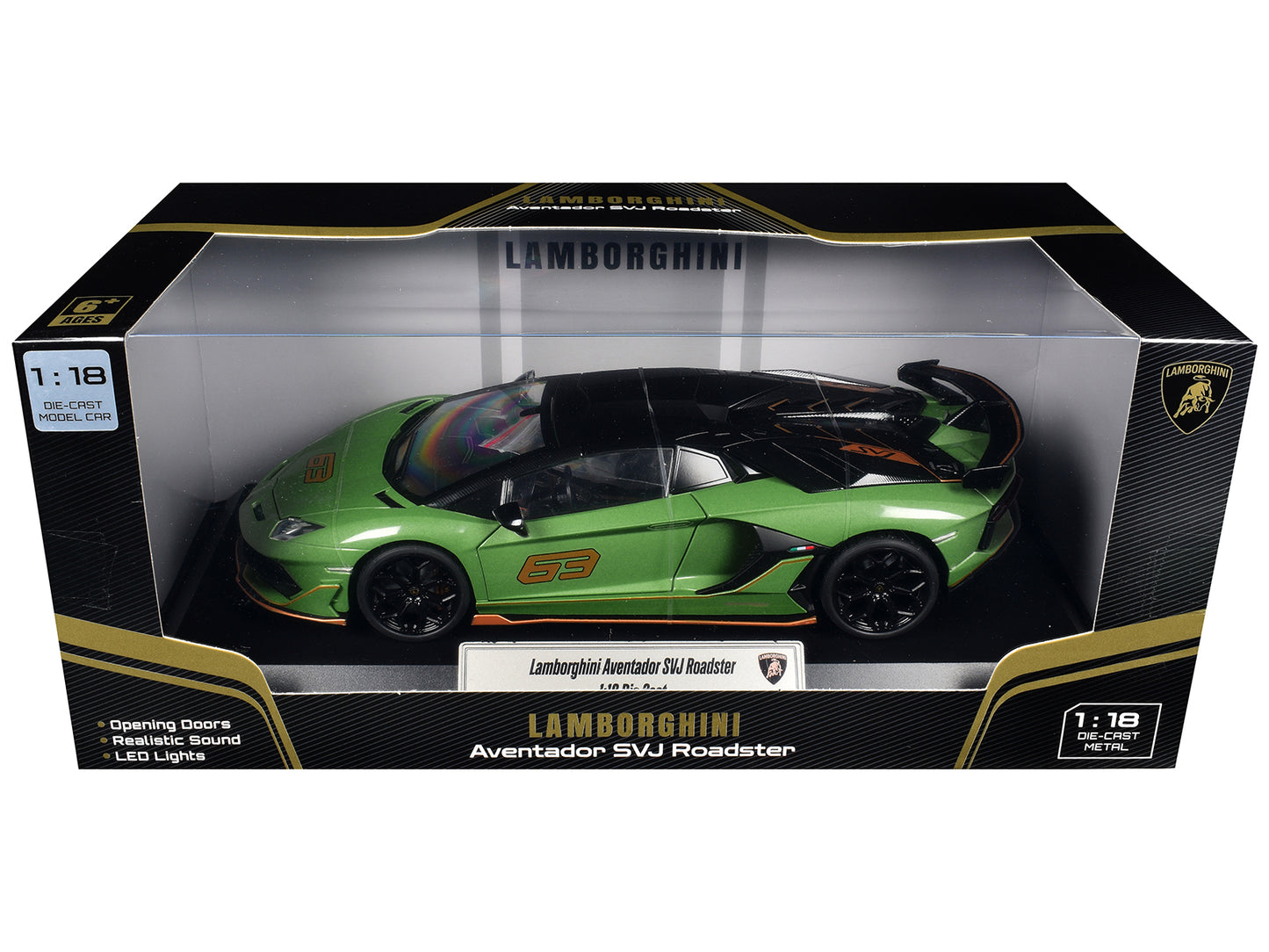 Lamborghini Aventador SVJ Roadster Green Metallic with Carbon Top and Gold Accents 1/18 T&y Diecast Model Car by Heimanba