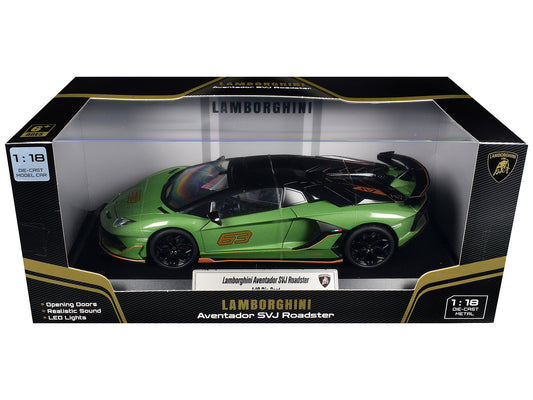 Lamborghini Aventador SVJ Roadster Green Metallic with Carbon Top and Gold Accents 1/18 T&y Diecast Model Car by Heimanba