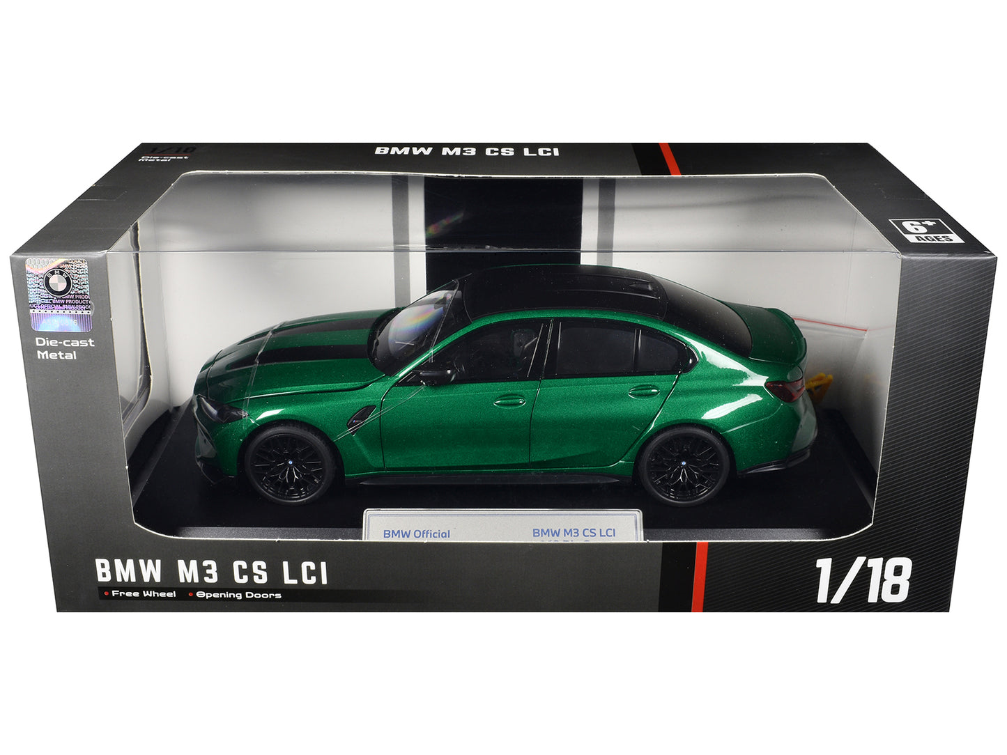 BMW M3 CS LCI Green Metallic with Matt Black Top and Hood Stripes 1/18 T&y Diecast Model Car by Heimanba