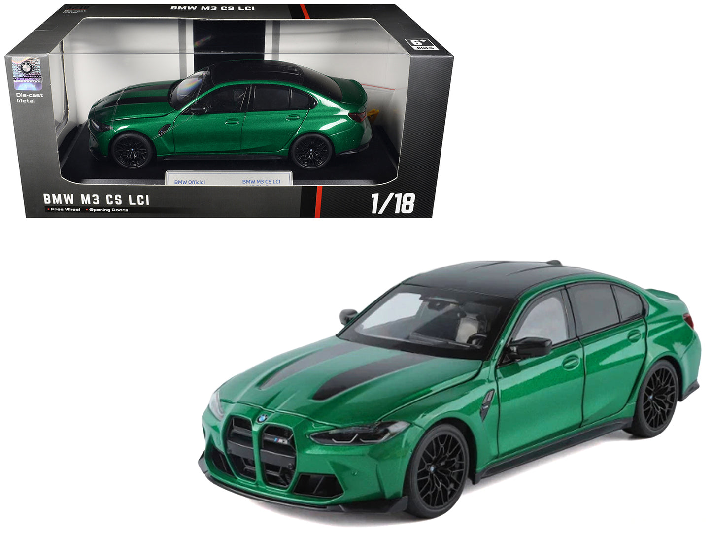 BMW M3 CS LCI Green Metallic with Matt Black Top and Hood Stripes 1/18 T&y Diecast Model Car by Heimanba