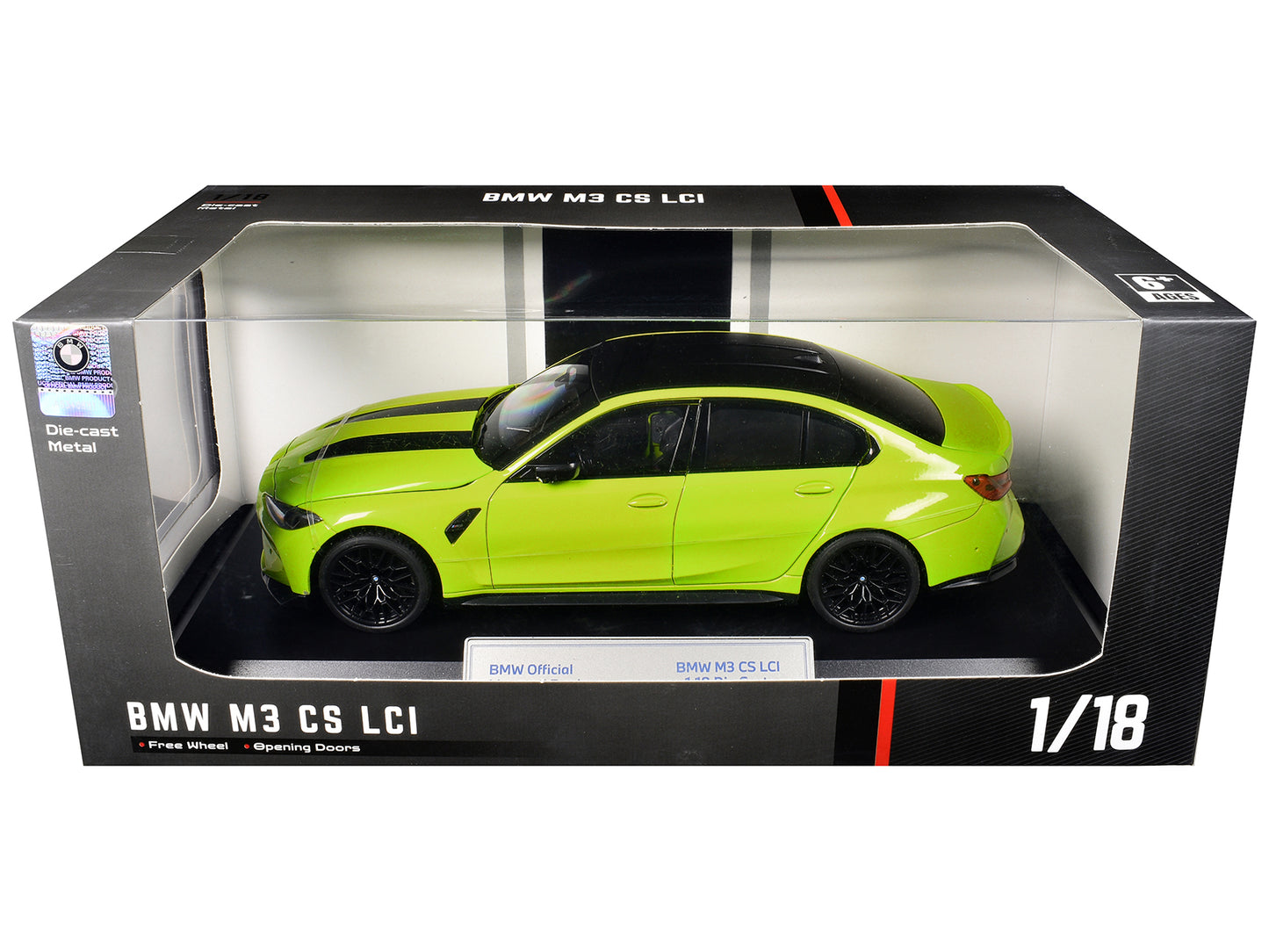 BMW M3 CS LCI Lime Green Metallic with Matt Black Top and Hood Stripes 1/18 T&y Diecast Model Car by Heimanba