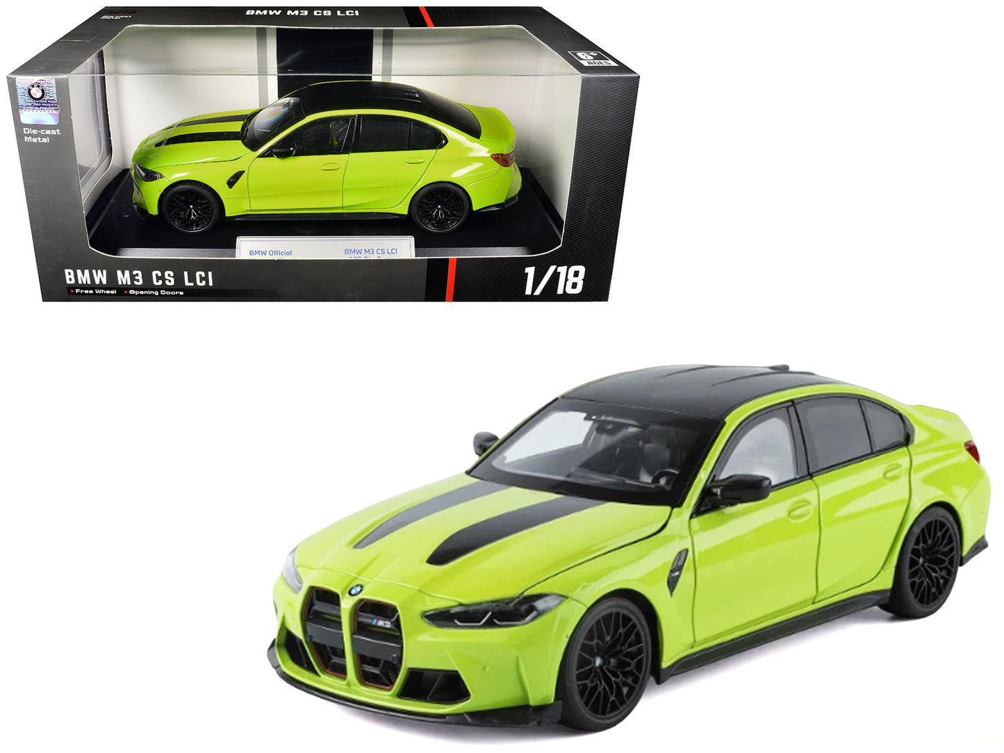 BMW M3 CS LCI Lime Green Metallic with Matt Black Top and Hood Stripes 1/18 T&y Diecast Model Car by Heimanba