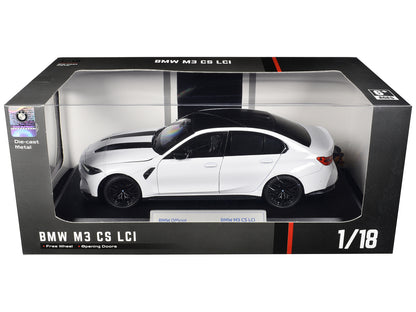 BMW M3 CS LCI White Metallic with Matt Black Top and Hood Stripes 1/18 T&y Diecast Model Car by Heimanba