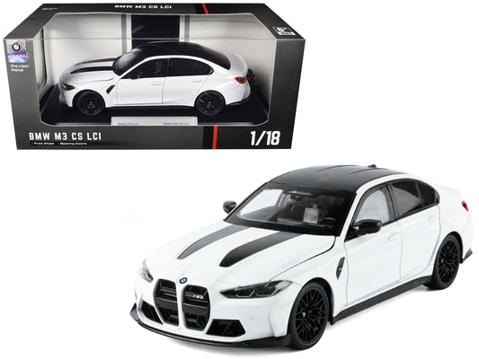 BMW M3 CS LCI White Metallic with Matt Black Top and Hood Stripes 1/18 T&y Diecast Model Car by Heimanba