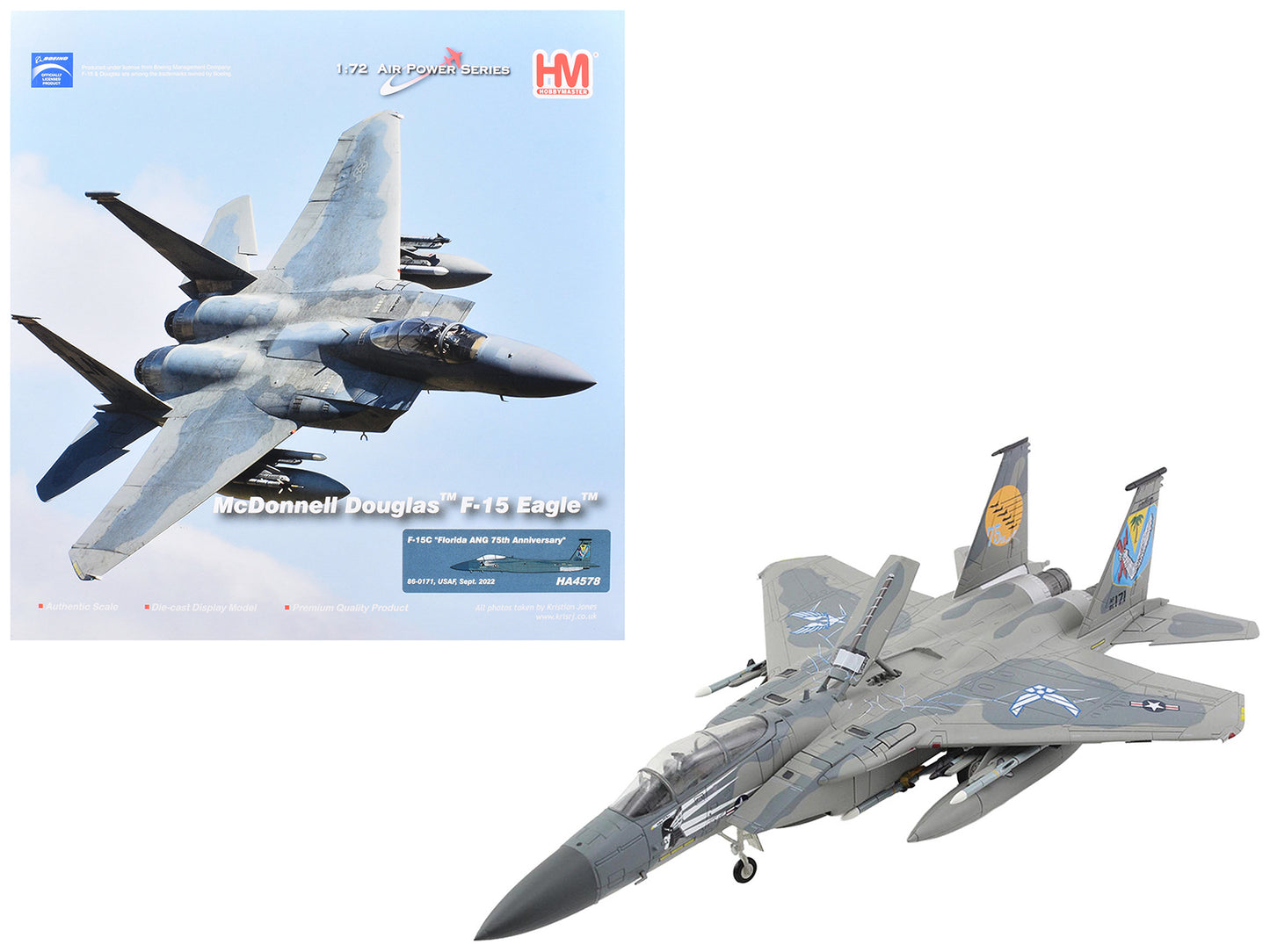 McDonnell Douglas F-15C Eagle Fighter Aircraft "86-0171 Florida ANG 75th Anniversary" (2022) United States Air Force "Air Power Series" 1/72 T&y Diecast Model by Hobby Master