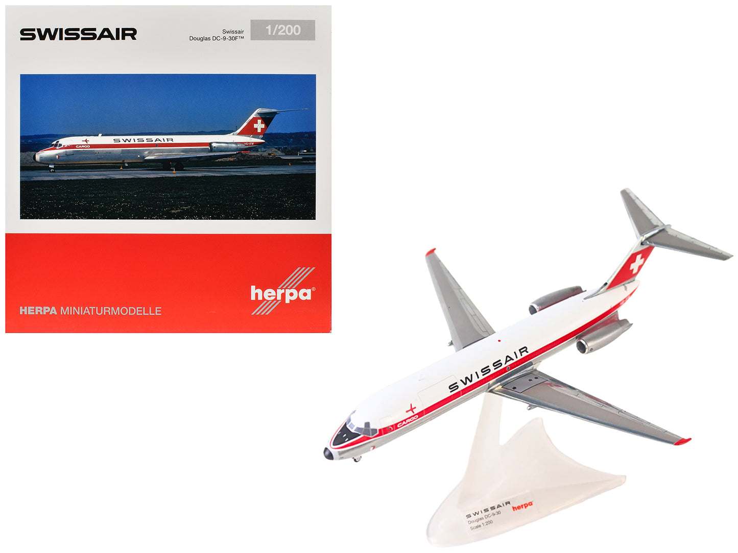 Douglas DC-9-30F Commercial Aircraft "Swissair" (HB-IFW) White with Red Stripes 1/200 Diecast Model Airplane by Herpa <h2>Douglas Herpa</h2> <p>High-quality car perfect for collectors and enthusiasts.