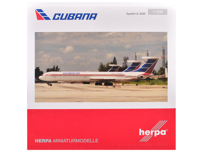Ilyushin IL-62M Commercial Aircraft "Cubana de Aviacion" (T1280) White with Blue and Red Tail 1/200 Diecast Model Airplane by Herpa <h2>Ilyushin Herpa</h2> <p>High-quality car perfect for collectors e