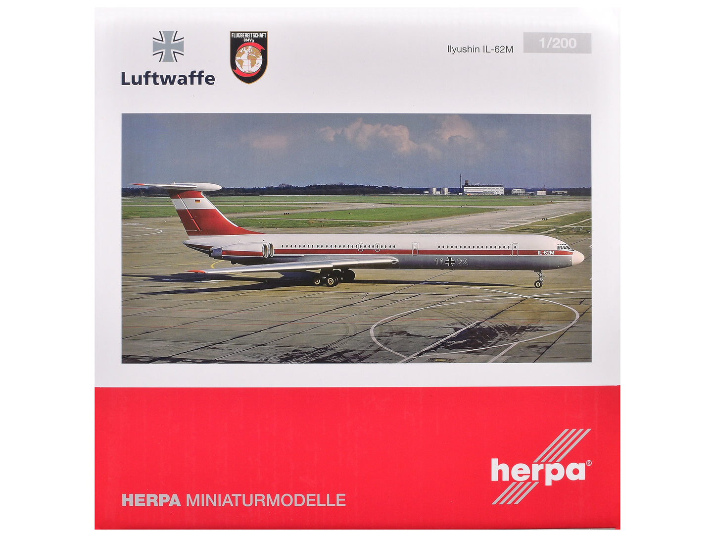 Ilyushin IL-62M Commercial Aircraft "German Luftwaffe" (11+22) White with Red Stripes 1/200 Diecast Model Airplane by Herpa <h2>Ilyushin Herpa</h2> <p>High-quality car perfect for collectors and enthu