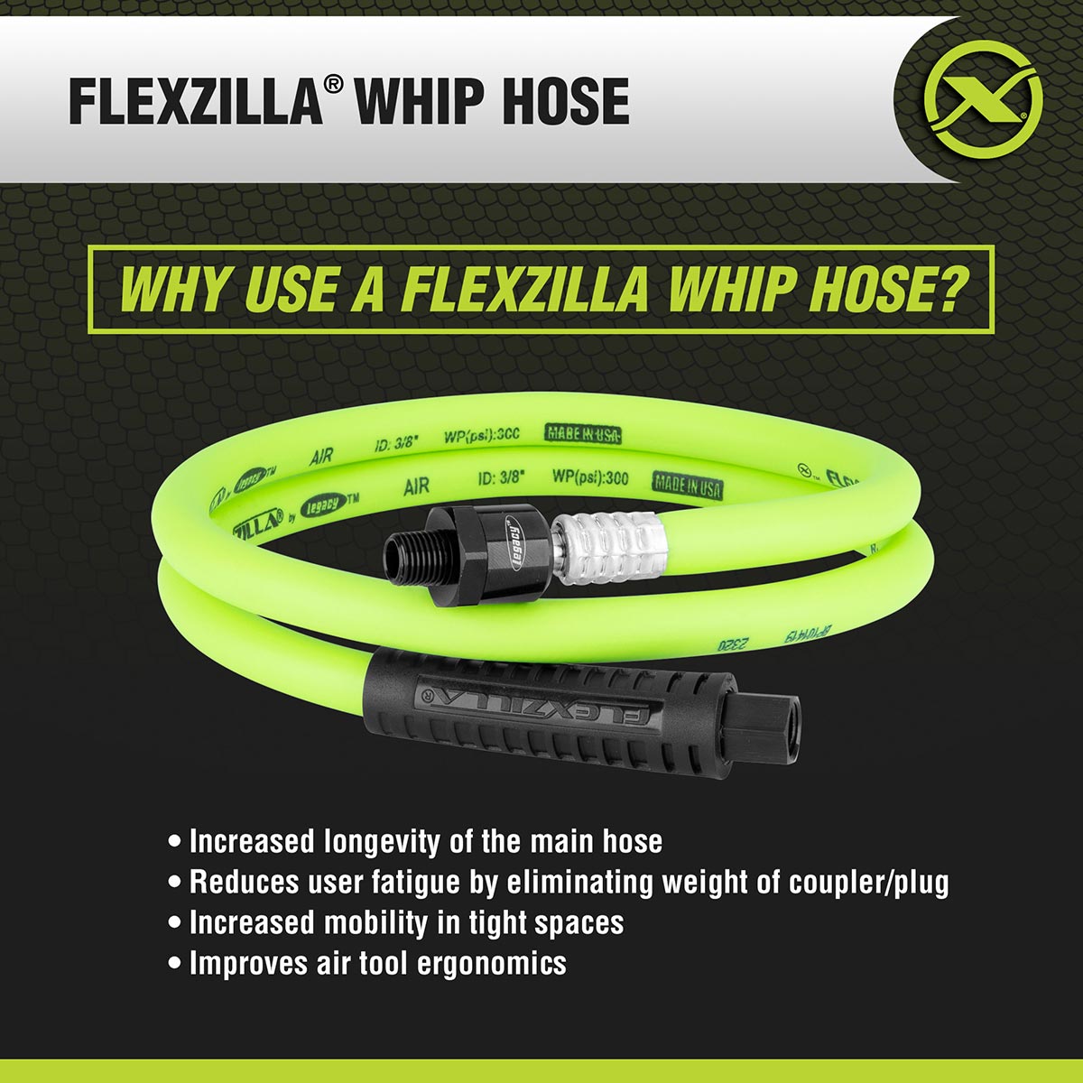 Flexzilla Heavy Duty Lightweight Whip Hose with Ball Swivel 3/8" x 4'