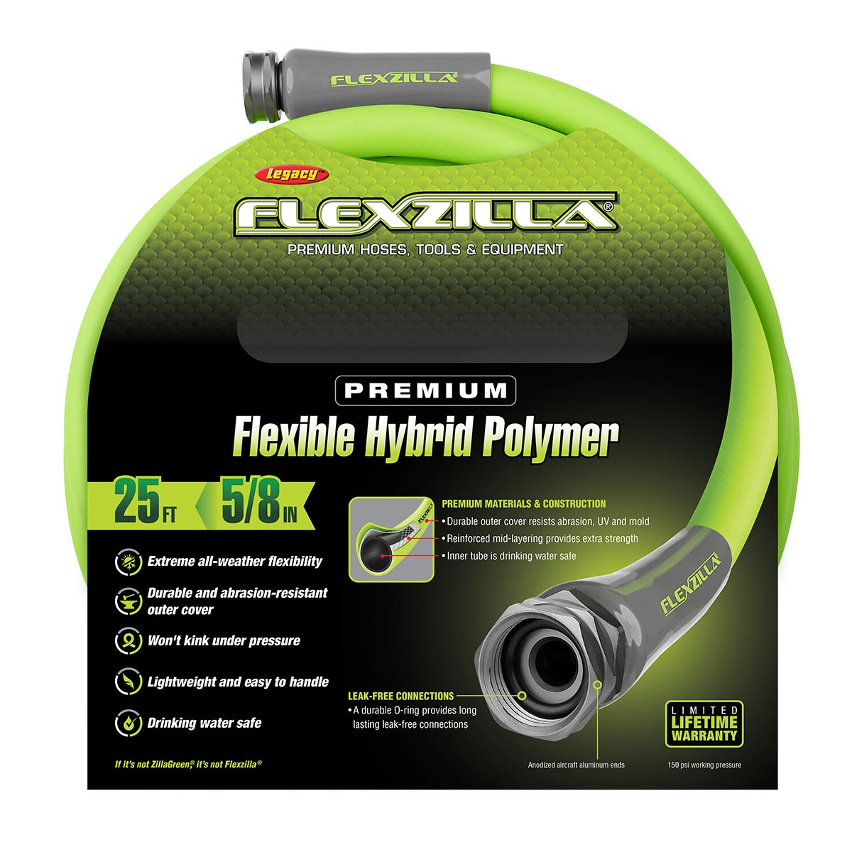 FlexzillaÂ® Garden Hose 5/8" x 25' 3/4" - 11 1/2 GHT Fittings ZillaGreenÂ®