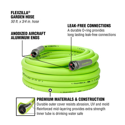 Flexzilla® Garden Hose 3/4" x 50' 3/4" - 11 1/2 GHT Fittings ZillaGreen®