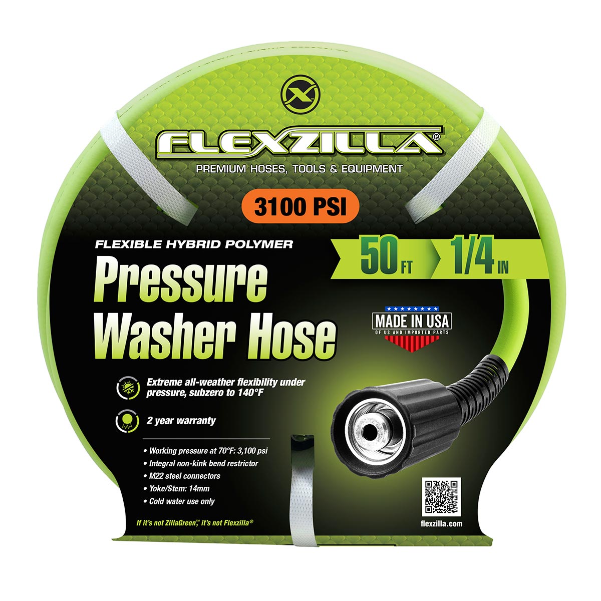 Flexzilla Pressure Washer Hose 1/4" x 50" with M22 Fittings